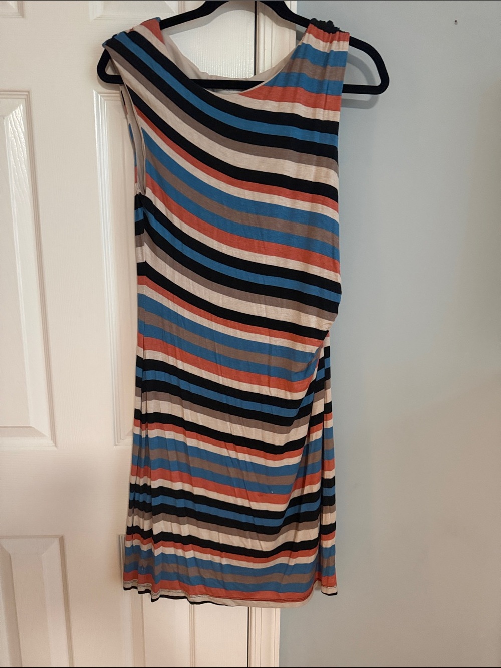 Loft Striped One-Shoulder Summer Dress in Blue, Coral & Black